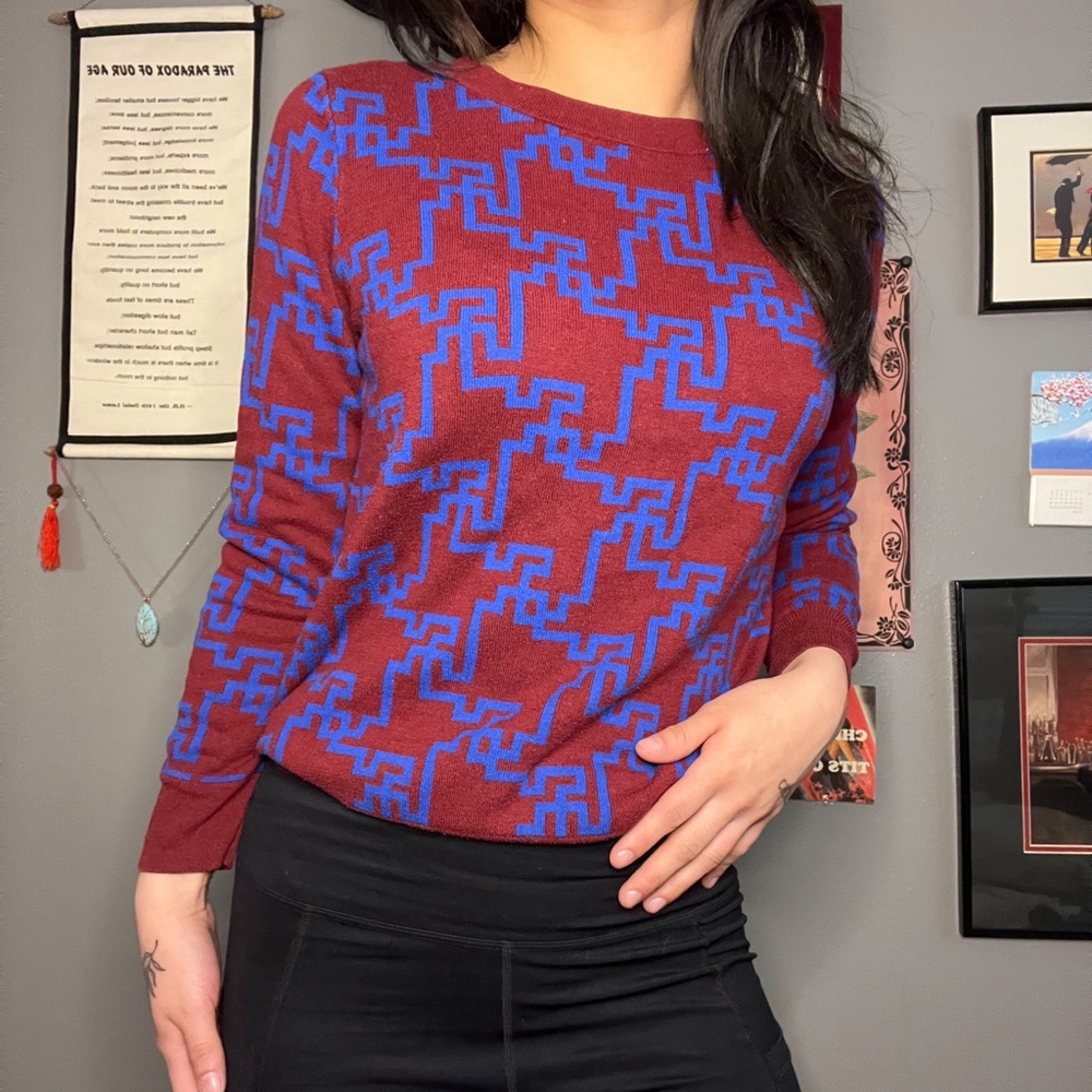 Geometric blue and burgundy sweater